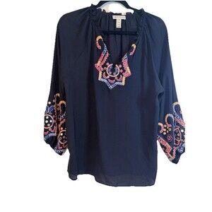 Neiman Marcus Embroidered Blouse Black Long Sleeve Tunic Top Bohemian L